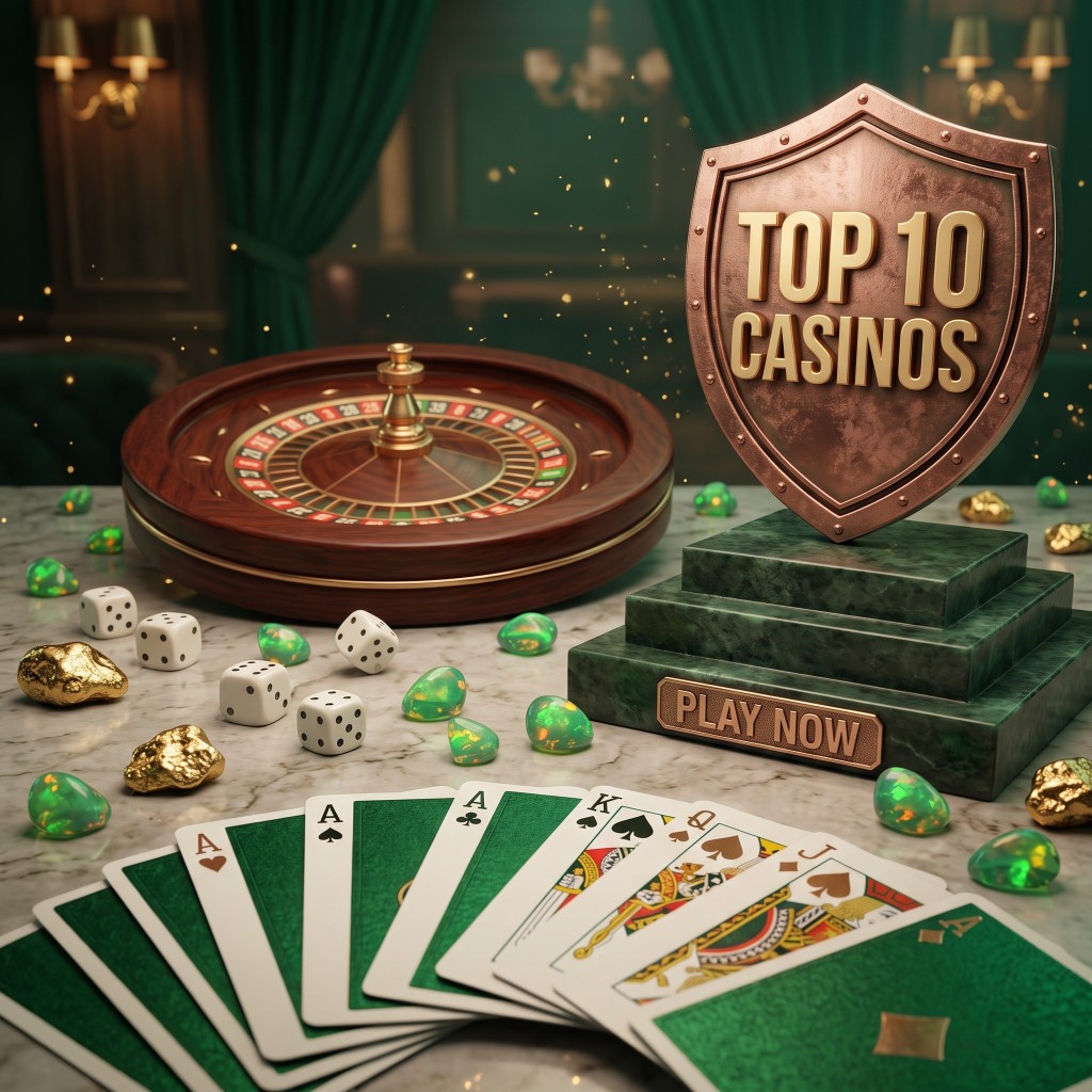 Casino table with a Top 10 Casinos trophy, playing cards, dice and a roulette wheel